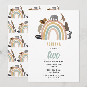 Earthy Colours Rainbow Jungle Animals Birthday Invitation