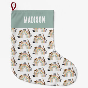Earthy Colours Rainbow Jungle Animals Pattern  Large Christmas Stocking