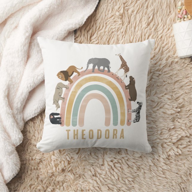 Earthy Colours Watercolor Rainbow Jungle Animals  Cushion (Blanket)