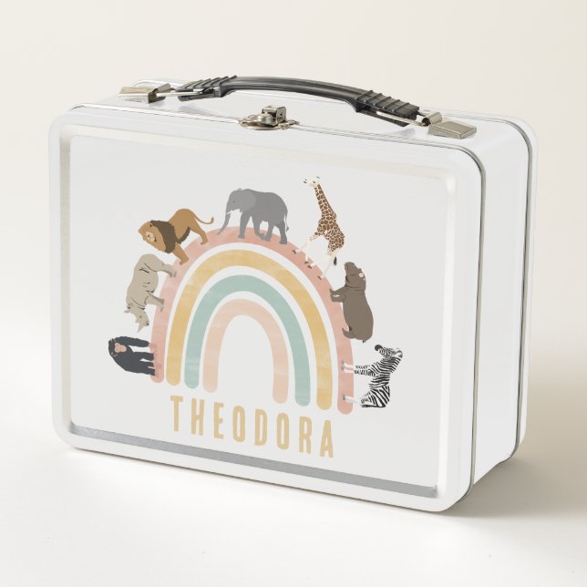 Earthy Colours Watercolor Rainbow Jungle Animals   Metal Lunch Box (Front)