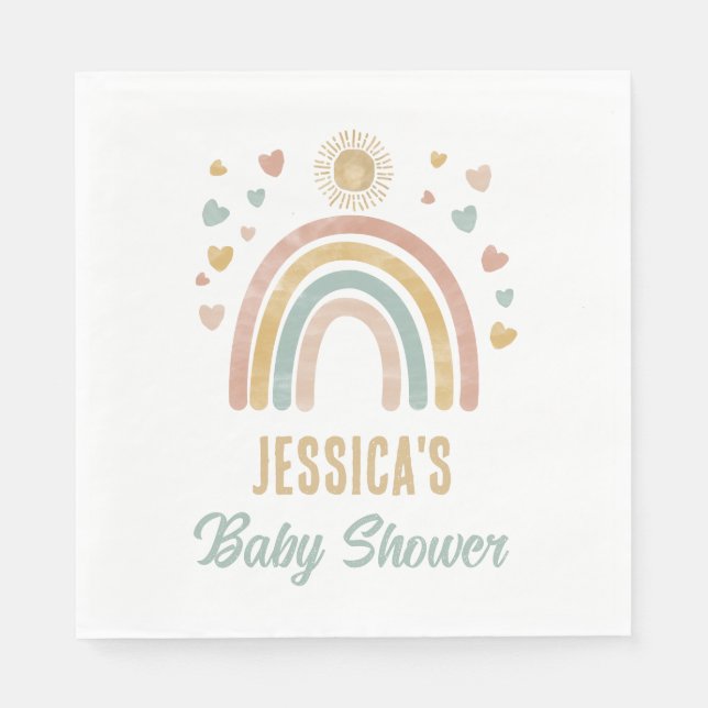 Earthy Colours Watercolor Rainbow & Sun Baby Showe Napkin (Front)