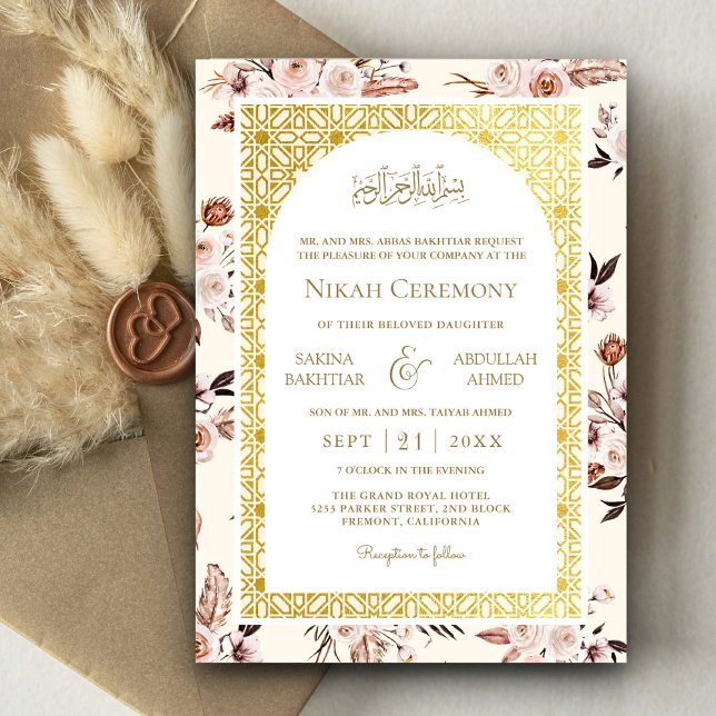 Earthy Cream Floral Gold Pattern Muslim Wedding Invitation (Creator Uploaded)
