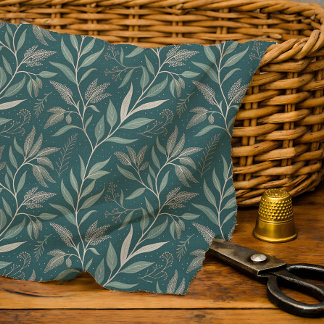 Earthy Deep Teal-Green Botanical Leaf Pattern Fabric