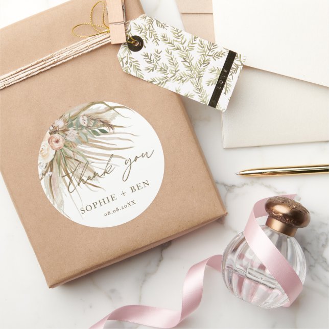 Earthy Dried Pampas Grass Floral Wedding Favour  Classic Round Sticker (Gifting)