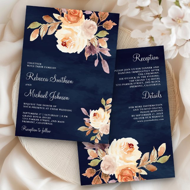 Earthy Dusty Peach Floral All in One Navy Wedding Invitation (Creator Uploaded)