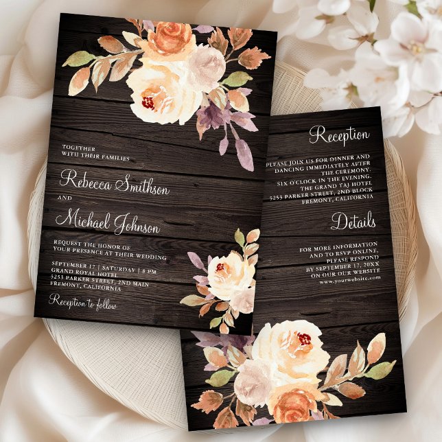 Earthy Dusty Peach Floral All in One Wood Wedding Invitation (Creator Uploaded)