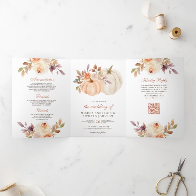 Earthy Dusty Peach Floral Pumpkin QR Code Wedding Tri-Fold Invitation (Inside)