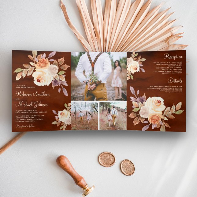 Earthy Dusty Peach Floral Terracotta Wedding Tri-Fold Invitation (Creator Uploaded)