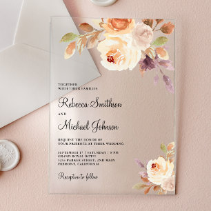 Earthy Dusty Peach Floral Wedding Acrylic Invitations