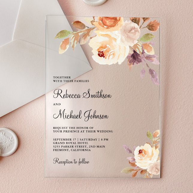 Earthy Dusty Peach Floral Wedding Acrylic Invitations (Creator Uploaded)