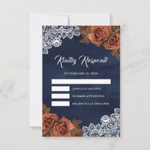 Earthy Dusty Terracotta Rose Navy Blue Wedding RSVP Card