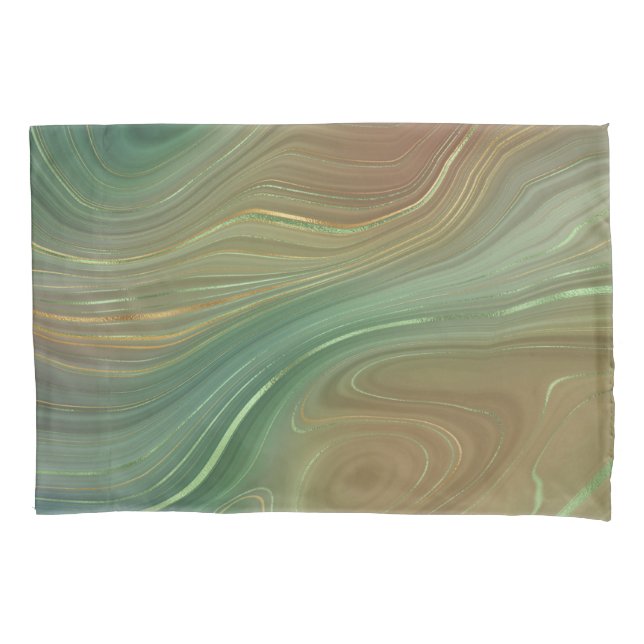 Earthy Emerald Strata | Green and Golden Ink Agate Pillowcase (Front)
