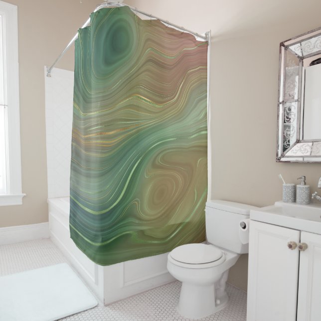 Earthy Emerald Strata | Green and Golden Ink Agate Shower Curtain (In Situ)