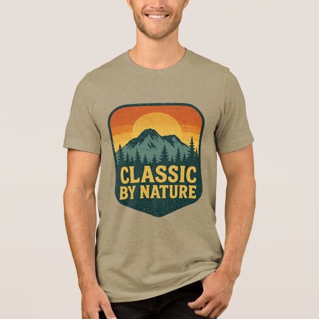 Earthy Escape – Pine Trees & Sunset Adventure Tri-Blend Shirt (Front)
