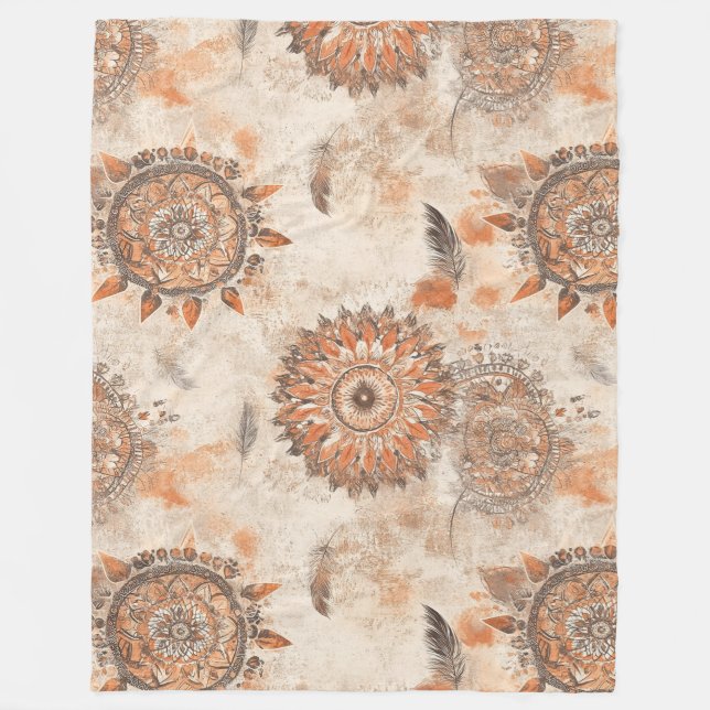 Earthy Feathered Mandala Fleece Blanket (Front)