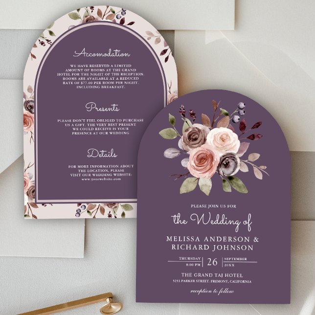 Earthy Floral All In One Dusty Purple Wedding Invitation (Creator Uploaded)