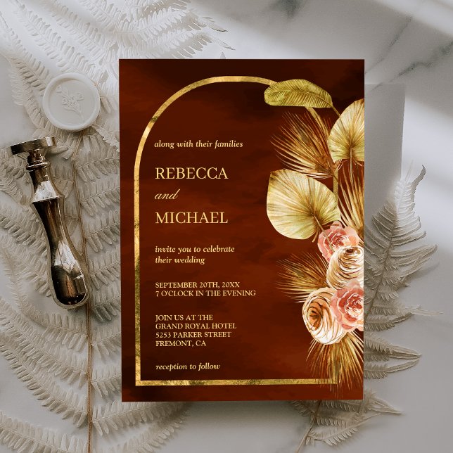 Earthy Floral Arch Dried Palm Burnt Orange Wedding Invitation (Creator Uploaded)