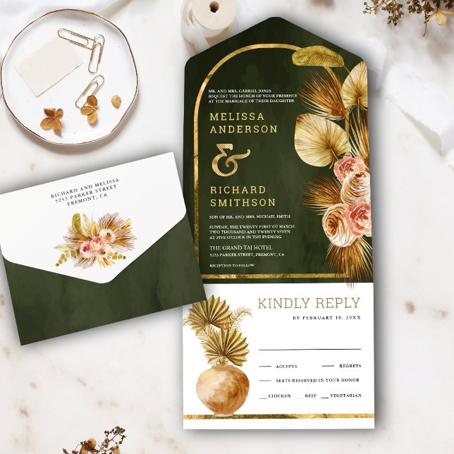 Earthy Floral Arch Dried Palm Sage Green Wedding All In One Invitation (Creator Uploaded)