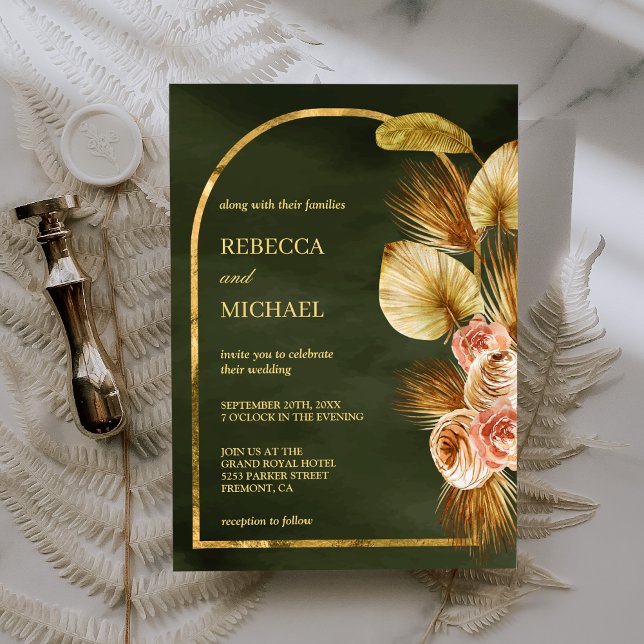 Earthy Floral Arch Dried Palm Sage Green Wedding Invitation (Creator Uploaded)
