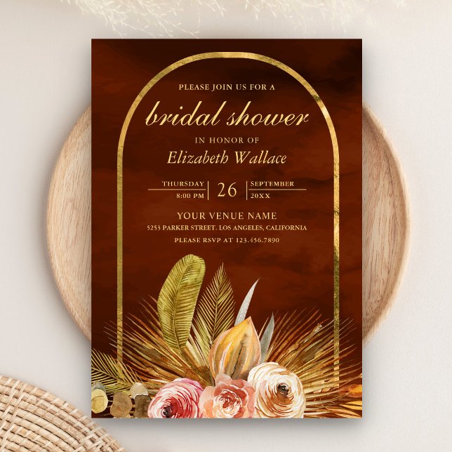Earthy Floral Arch Gold Burnt Orange Bridal Shower Invitation (Creator Uploaded)