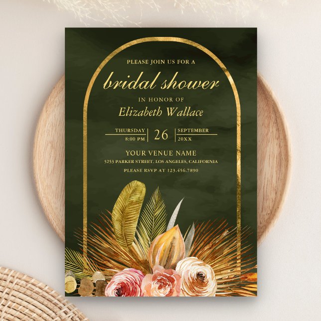 Earthy Floral Arch Gold Sage Green Bridal Shower Invitation (Creator Uploaded)