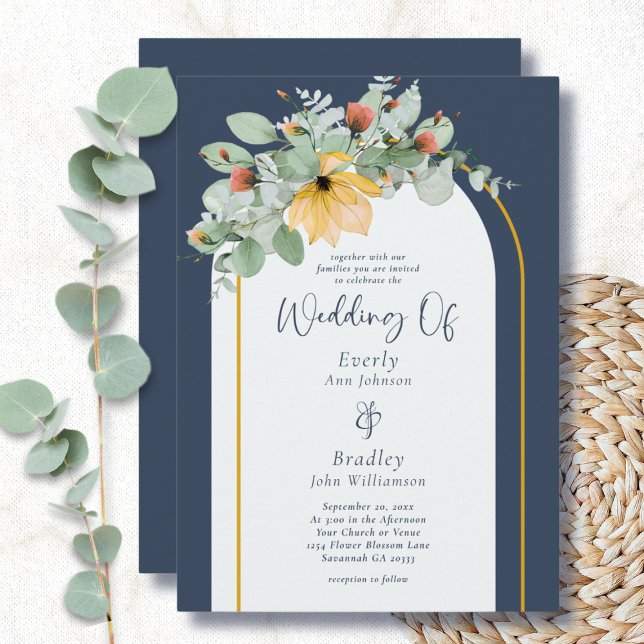 Earthy Floral Arch Navy Non Photo QR Code Wedding  Invitation (Creator Uploaded)