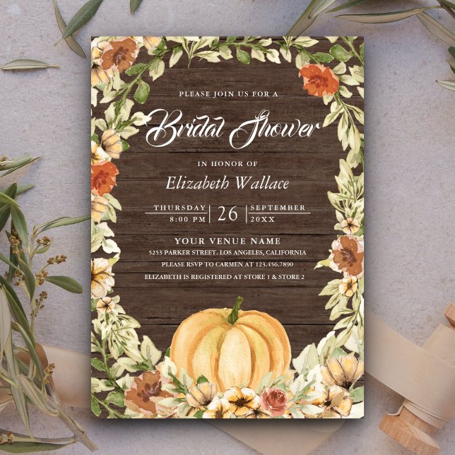 Earthy Floral Barn Wood Pumpkin Bridal Shower Invitation (Creator Uploaded)