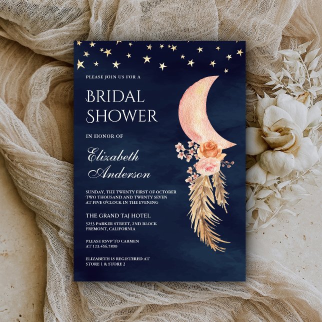 Earthy Floral Crescent Moon Navy Bridal Shower Invitation (Creator Uploaded)