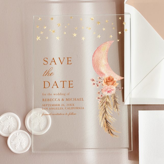 Earthy Floral Crescent Moon Wedding Save the Date Acrylic Invitations (Creator Uploaded)