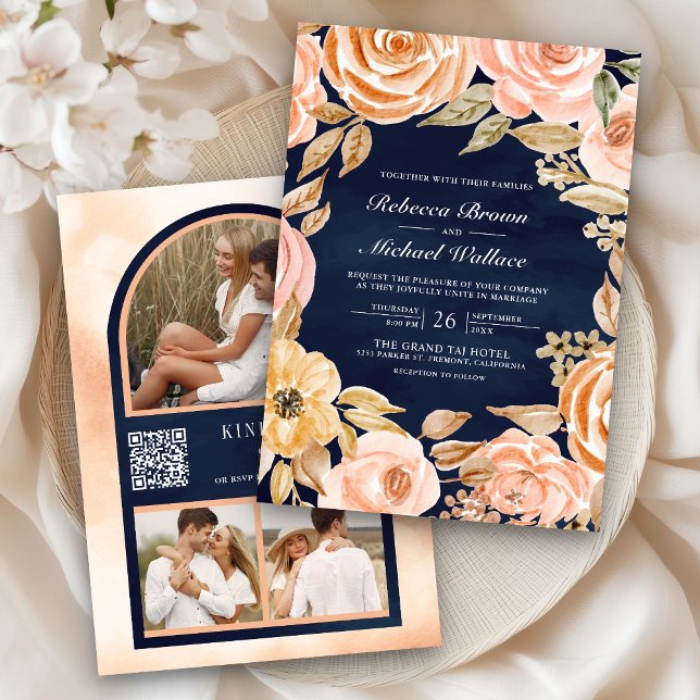 Earthy Floral Fall Autumn QR Code Navy Wedding Invitation (Creator Uploaded)