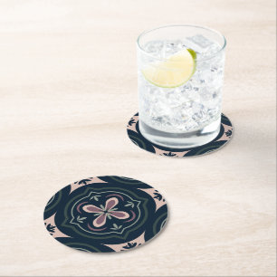 Earthy Floral Geometric Tiles Round Paper Coaster