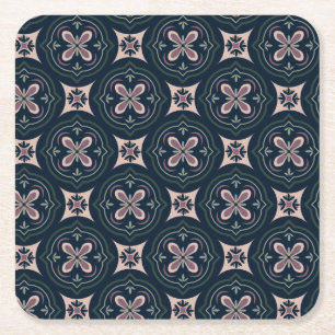 Earthy Floral Geometric Tiles Square Paper Coaster