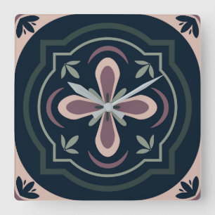 Earthy Floral Geometric Tiles Square Wall Clock