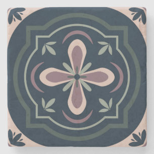 Earthy Floral Geometric Tiles Stone Coaster