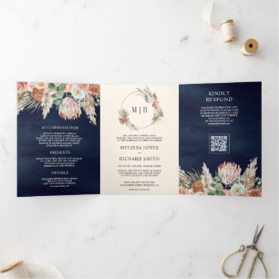 Earthy Floral Pampas Navy Blue QR Code Wedding Tri-Fold Invitation
