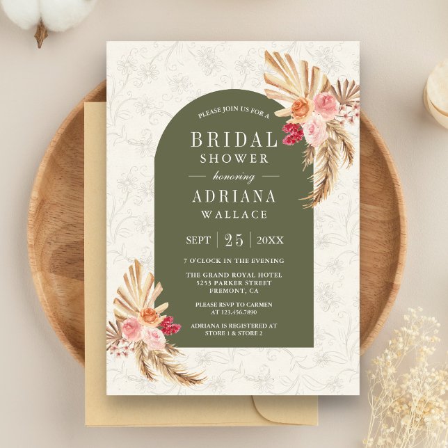 Earthy Floral Pampas Sage Green Bridal Shower Invitation (Creator Uploaded)