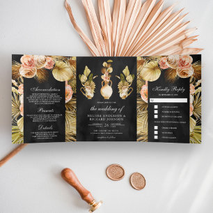Earthy Floral Pots Dried Boho Palm Black Wedding Tri-Fold Invitation