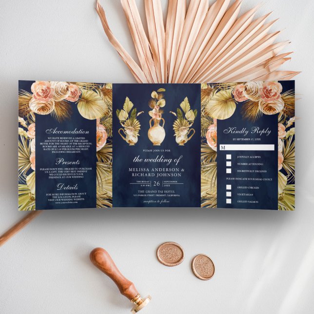 Earthy Floral Pots Dried Palm Navy Blue Wedding Tri-Fold Invitation (Creator Uploaded)