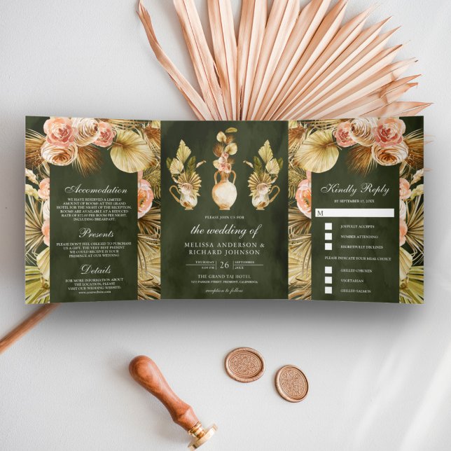 Earthy Floral Pots Dried Palm Olive Green Wedding  Tri-Fold Invitation (Creator Uploaded)