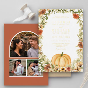 Earthy Floral Pumpkin Photo Collage Wedding Gold