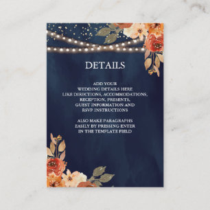 Earthy Floral Terracotta Navy Blue Wedding Details Enclosure Card