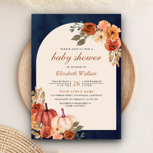 Earthy Floral Terracotta Pumpkin Navy Baby Shower Invitation