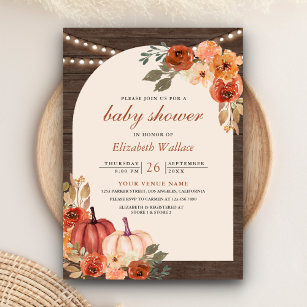 Earthy Floral Terracotta Pumpkin Wood Baby Shower Invitation