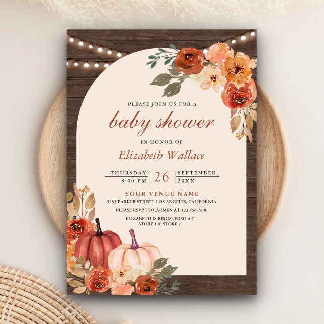 Earthy Floral Terracotta Pumpkin Wood Baby Shower Invitation (Creator Uploaded)
