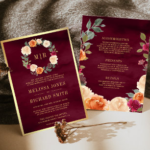 Earthy Floral Wreath All in One Burgundy Wedding Invitation