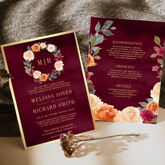 Earthy Floral Wreath All in One Burgundy Wedding Invitation (Creator Uploaded)