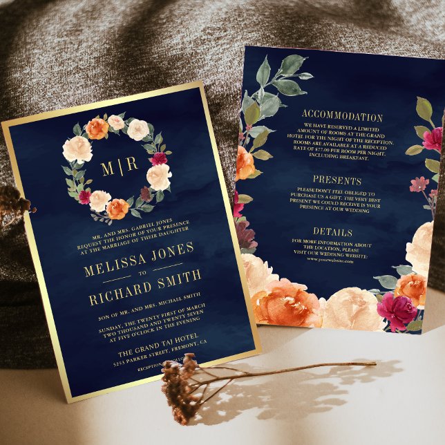 Earthy Floral Wreath All in One Navy Wedding Invitation (Creator Uploaded)