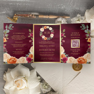 Earthy Floral Wreath QR Code Burgundy Wedding Tri-Fold Invitation
