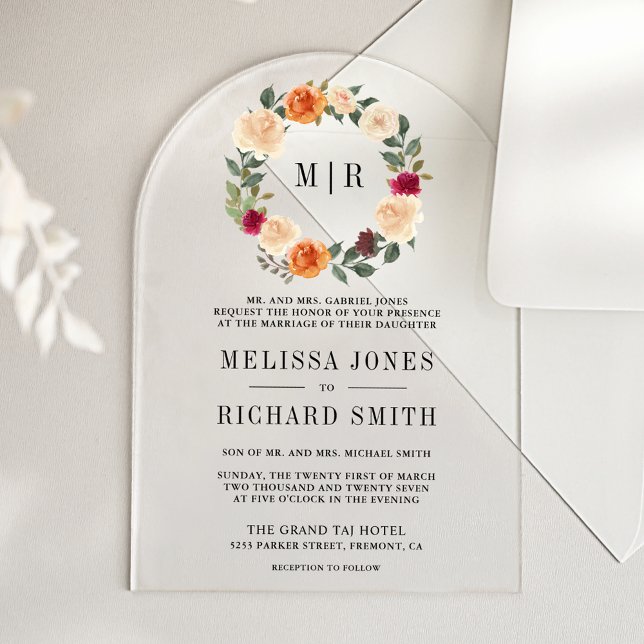 Earthy Floral Wreath Wedding Acrylic Invitations (Creator Uploaded)