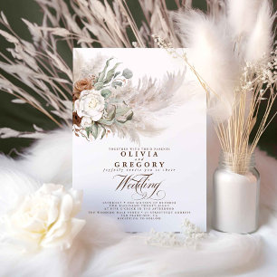 Earthy Flowers and Pampas Grass Bohemian Wedding Invitation